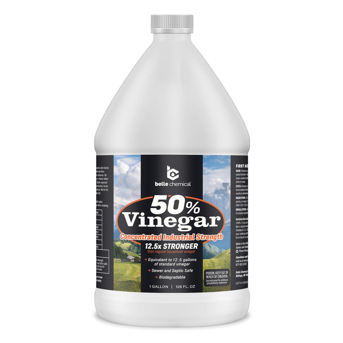 Belle Chemical 50% concentrated vinegar bottle demonstrates powerful cleaning capability for tough stains.