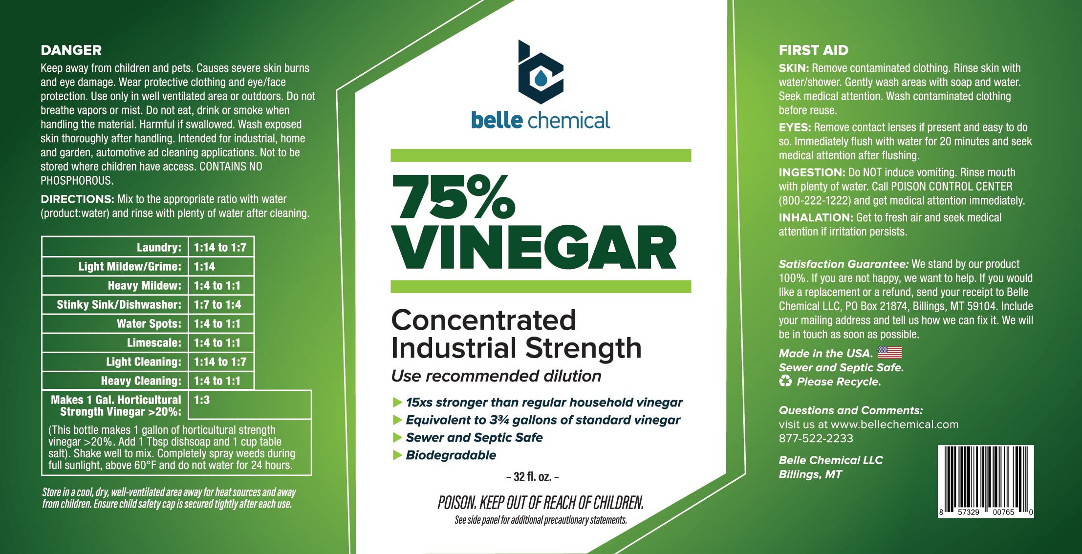 Belle Chemical 75% Pure Vinegar close-up showing concentration for economical, high-concentration cleaning.