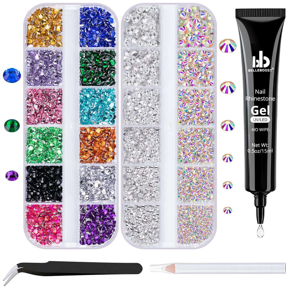 BELLEBOOST Nail Art Rhinestone Kit with no-wipe glue for precise gem placement.