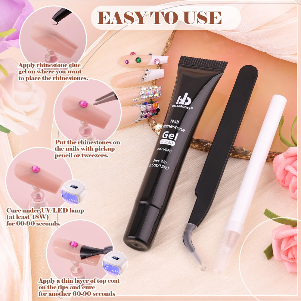 BELLEBOOST no-wipe gel glue tube for clean, controlled adhesion.