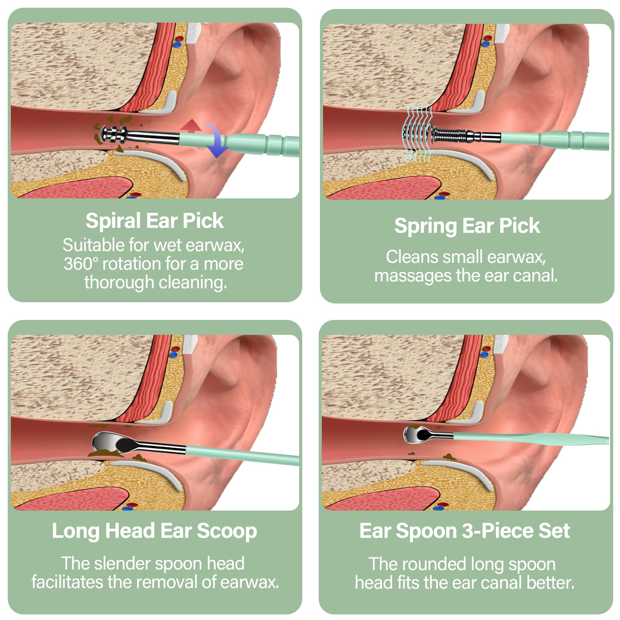 BELLESHOW stainless steel ear picks with spiral design for comfortable cleaning.