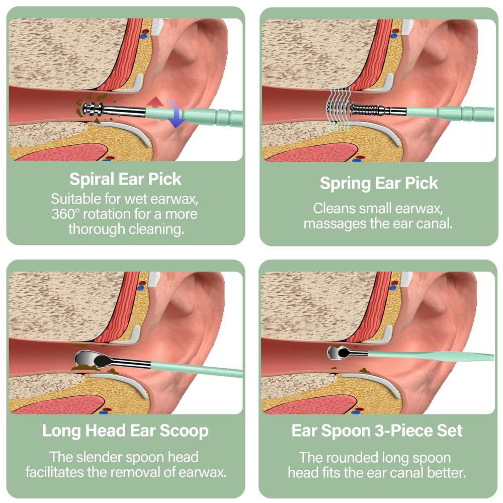BELLESHOW stainless steel ear picks with spiral design for comfortable cleaning.