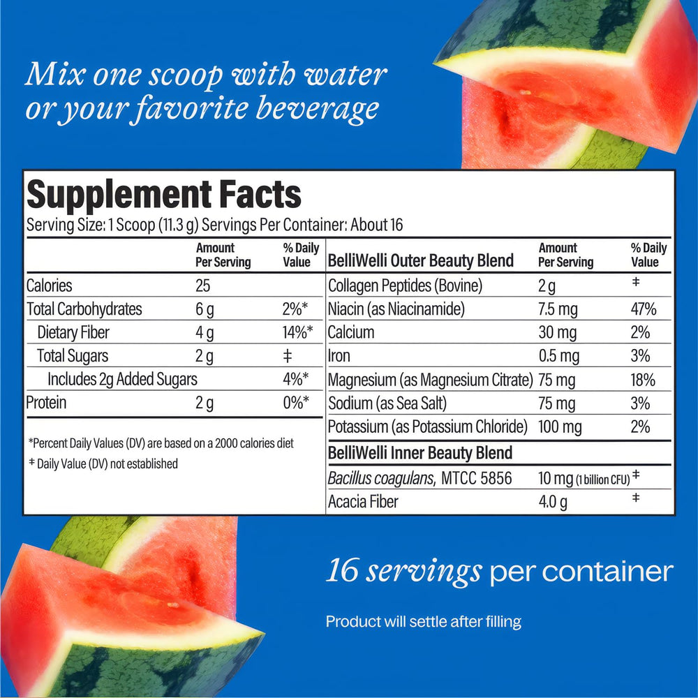 Belli Welli collagen-electrolytes-probiotics blend supports hydration and gut balance.