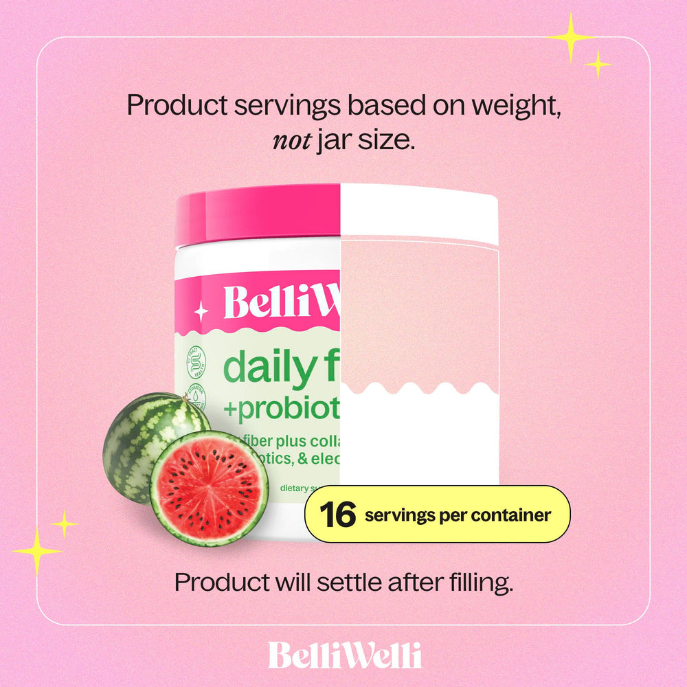 Belli Welli bottle and scoop illustrate easy mixing and on-the-go use.
