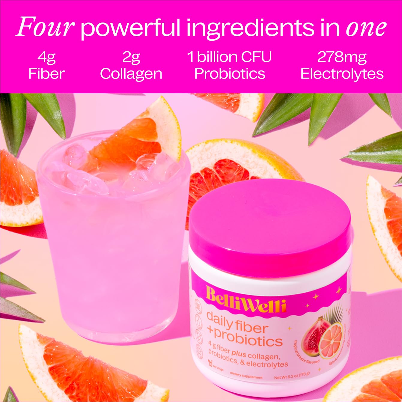 Belli Welli fiber powder glass drink with tropical flavor and probiotics.