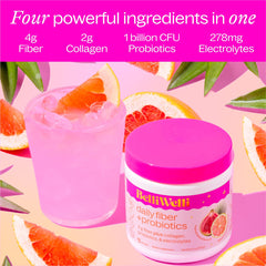 Belli Welli fiber powder glass drink with tropical flavor and probiotics.