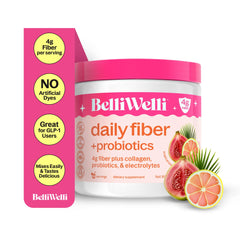 Belli Welli fiber powder tub closeup showing organic acacia base for gentle digestion.
