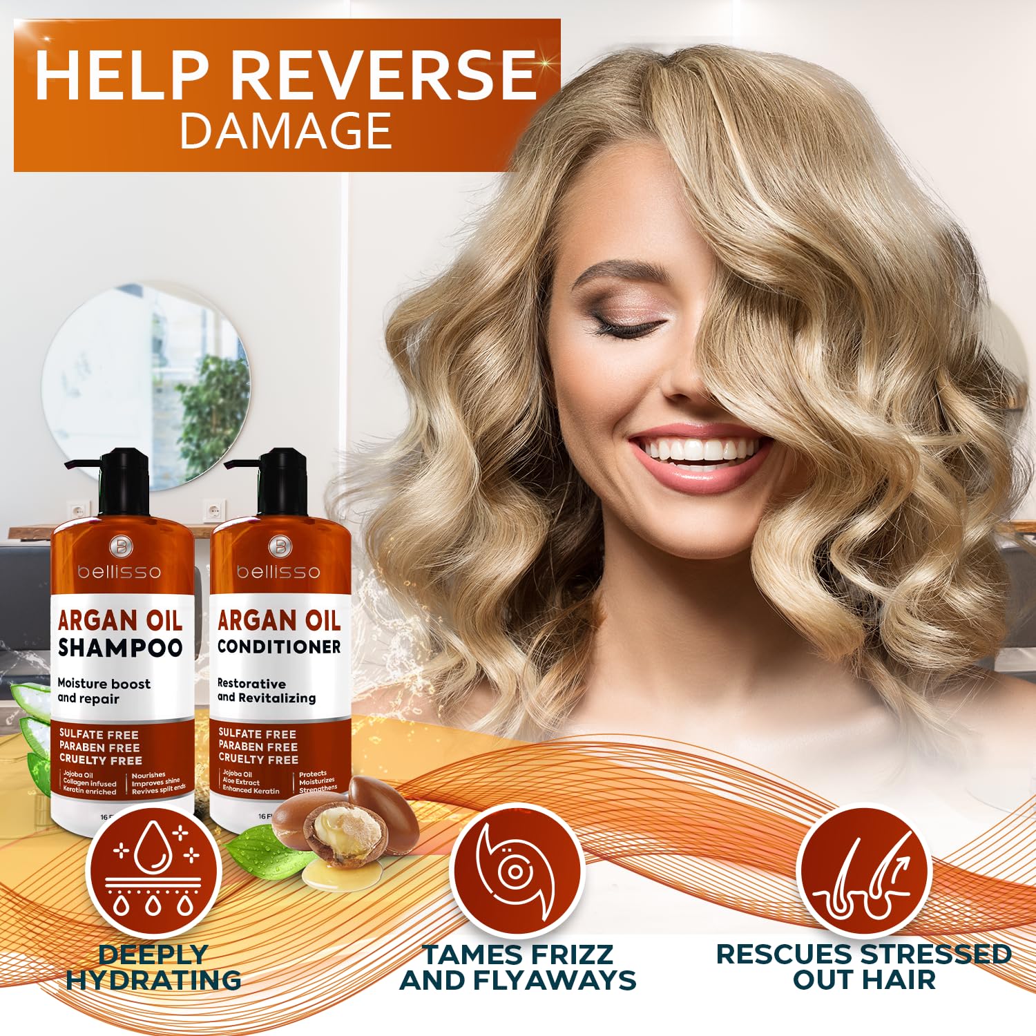 Bellisso anti-frizz curls scene showing smooth, defined waves and reduced frizz.