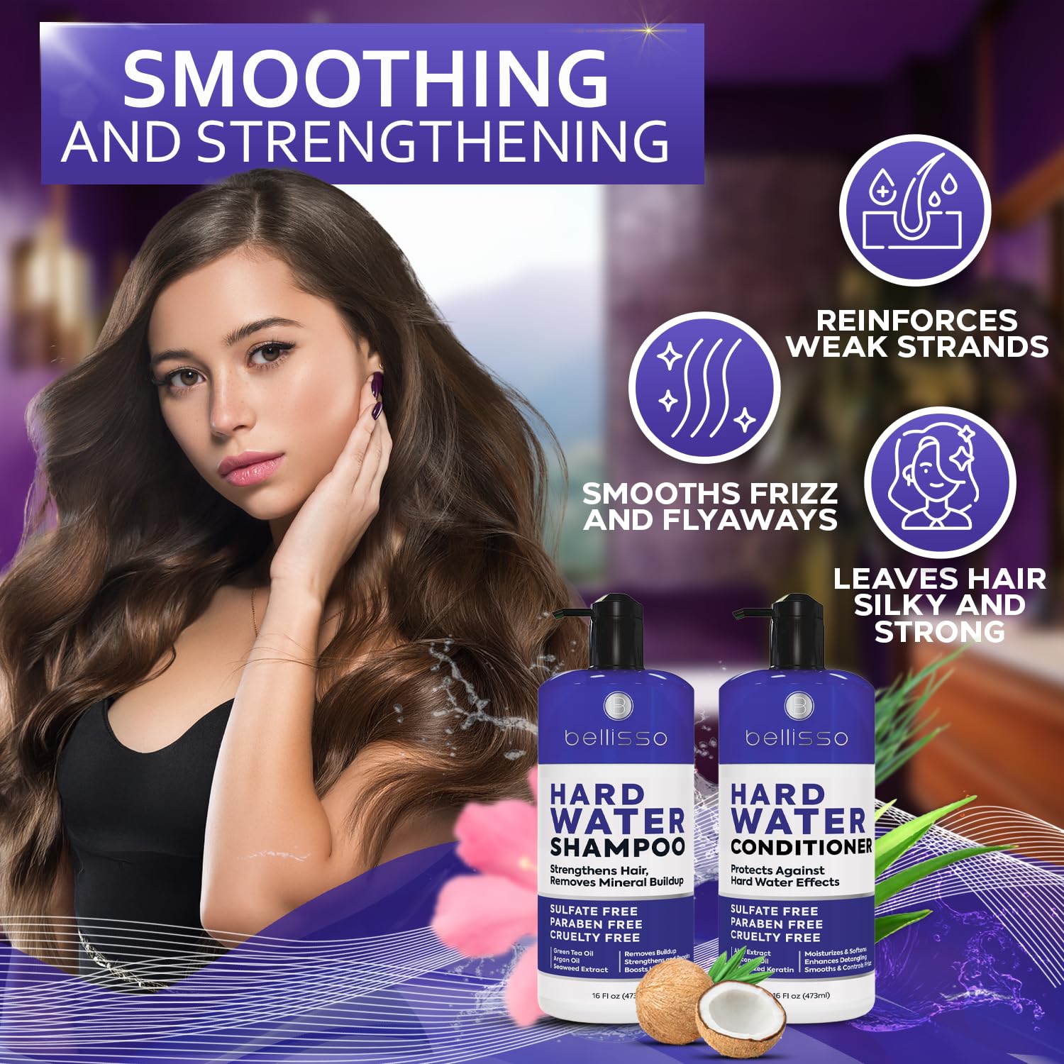 Bellisso hard water conditioner jar showcases nourishment to protect hair during mineral exposure.
