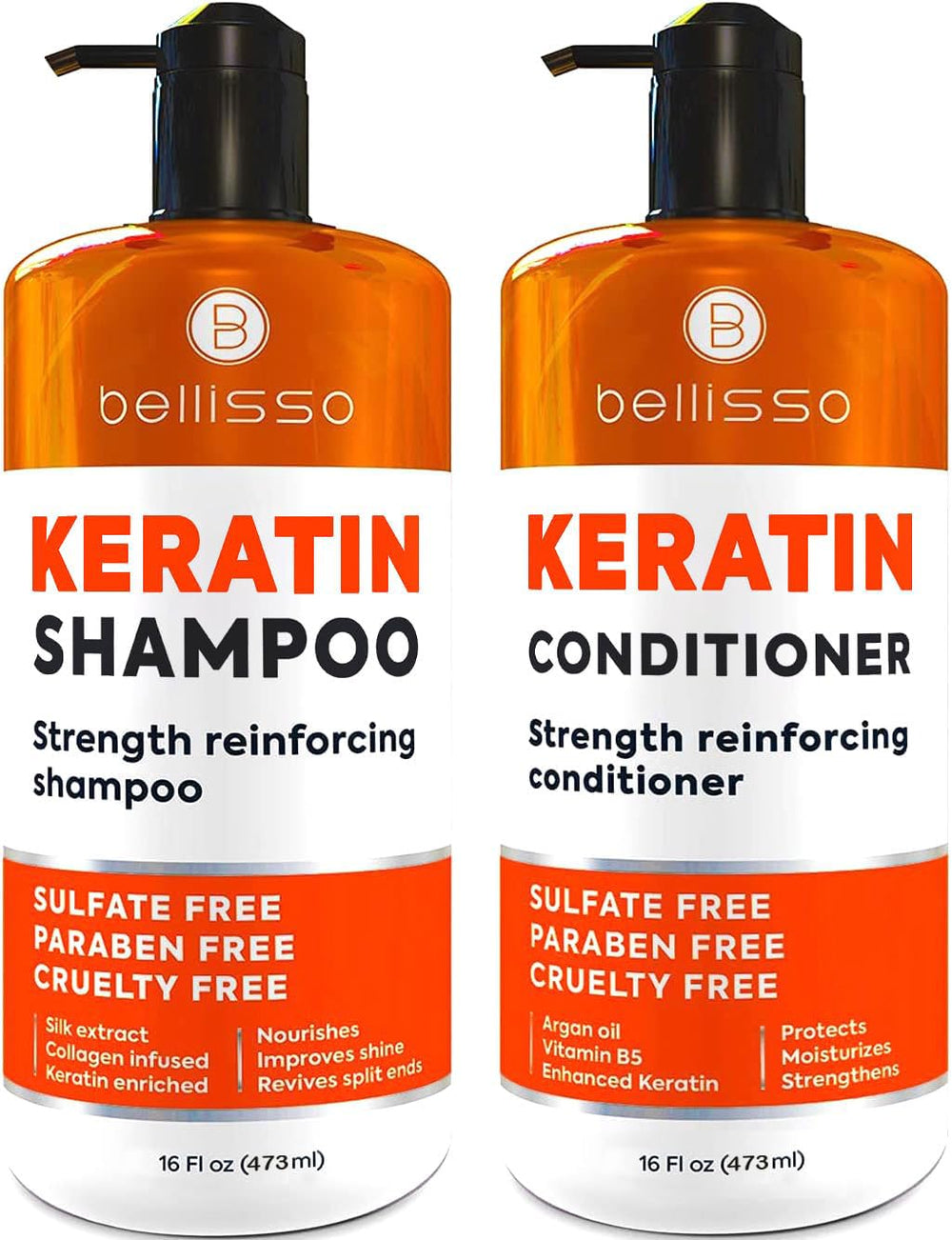 Bellisso Keratin Shampoo bottle close-up highlighting nourishing care for damaged hair