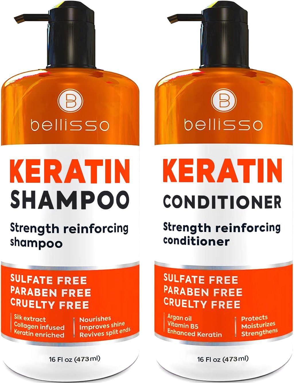 Bellisso Keratin Shampoo bottle close-up highlighting nourishing care for damaged hair