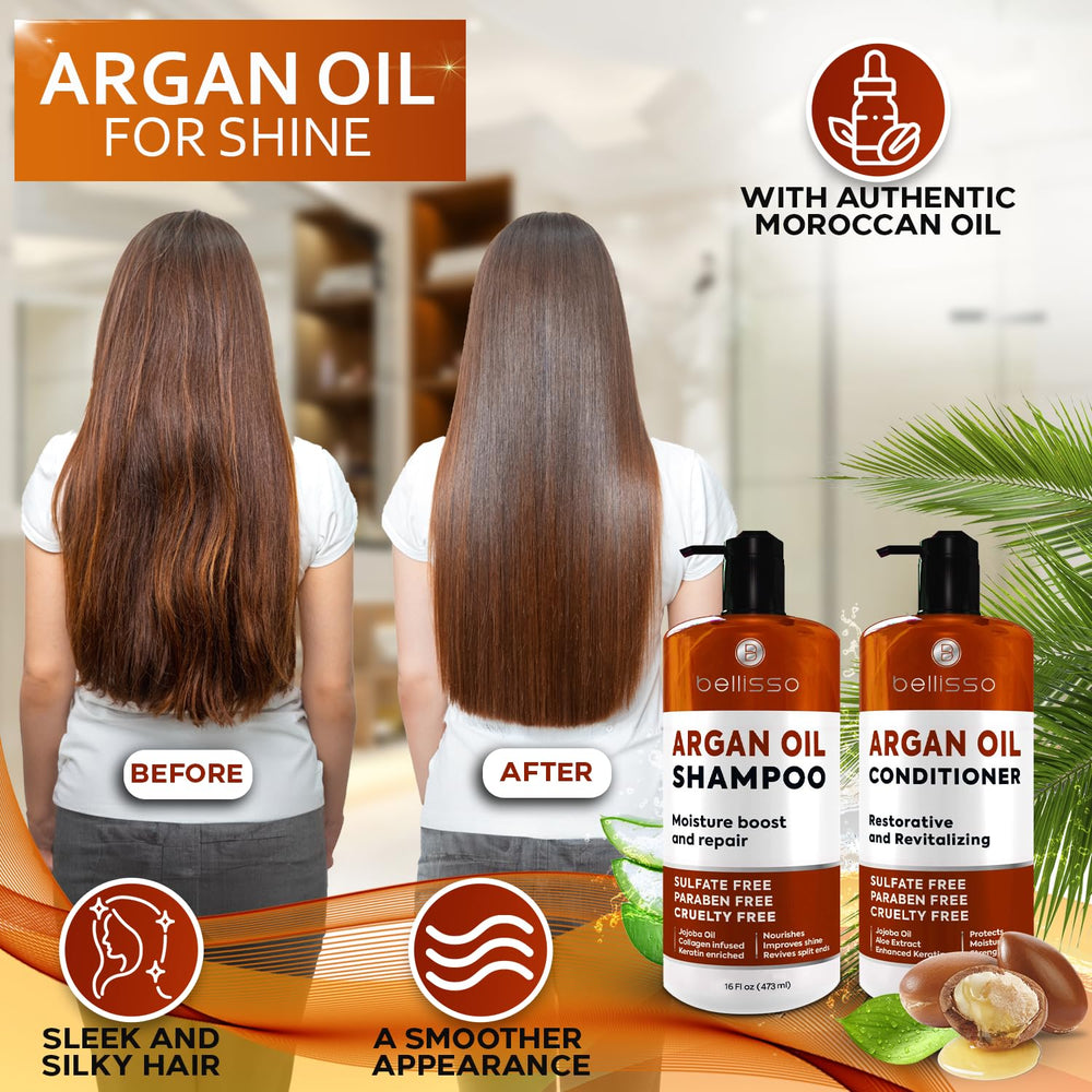 Bellisso Moroccan Argan Oil Conditioner bottle for detangling and silky softness.