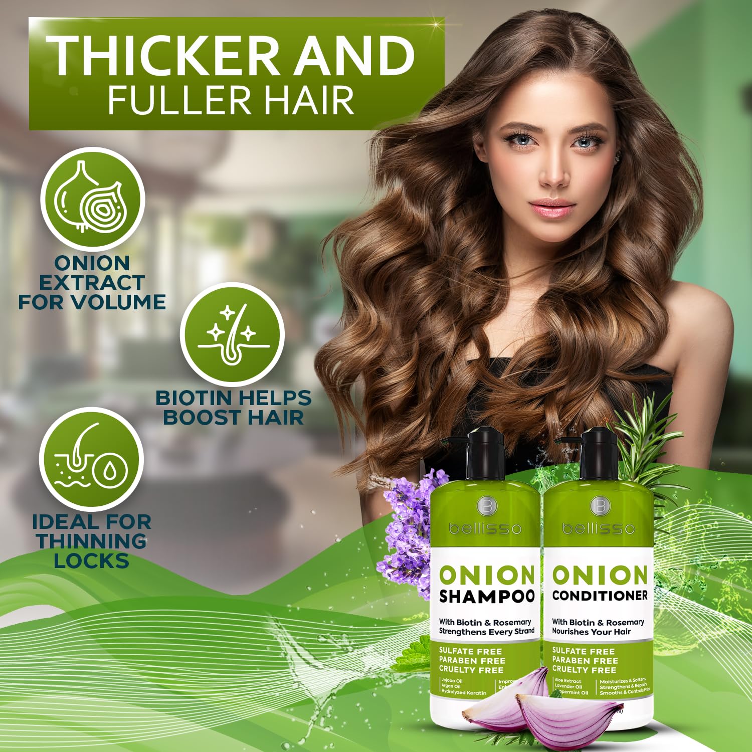 Bellisso Onion Conditioner bottle front highlighting conditioning power for smooth strands.