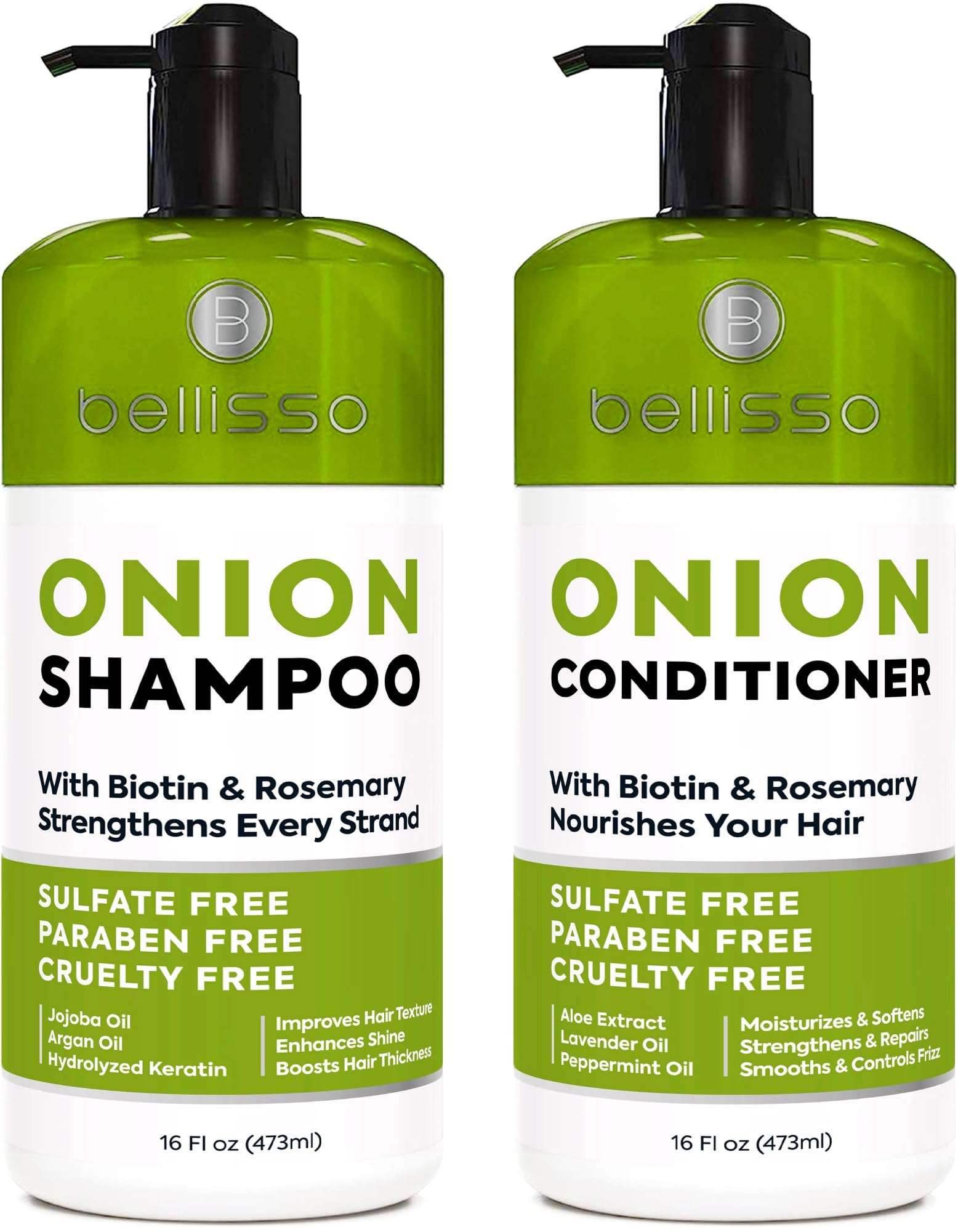 Bellisso Onion Shampoo bottle front emphasizing the thickening formula for fuller-looking hair.