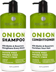 Bellisso Onion Shampoo bottle front emphasizing the thickening formula for fuller-looking hair.