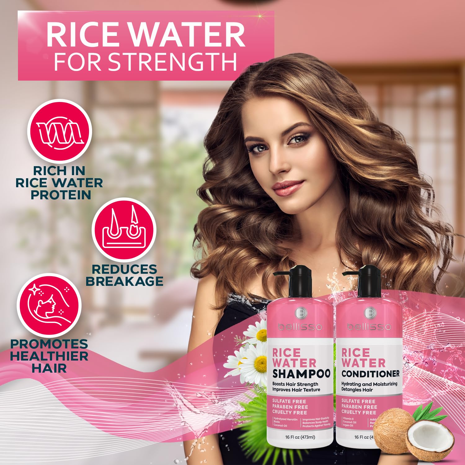 Bellisso Rice Water Conditioner bottle showcasing sulfate free conditioning for delicate strands.