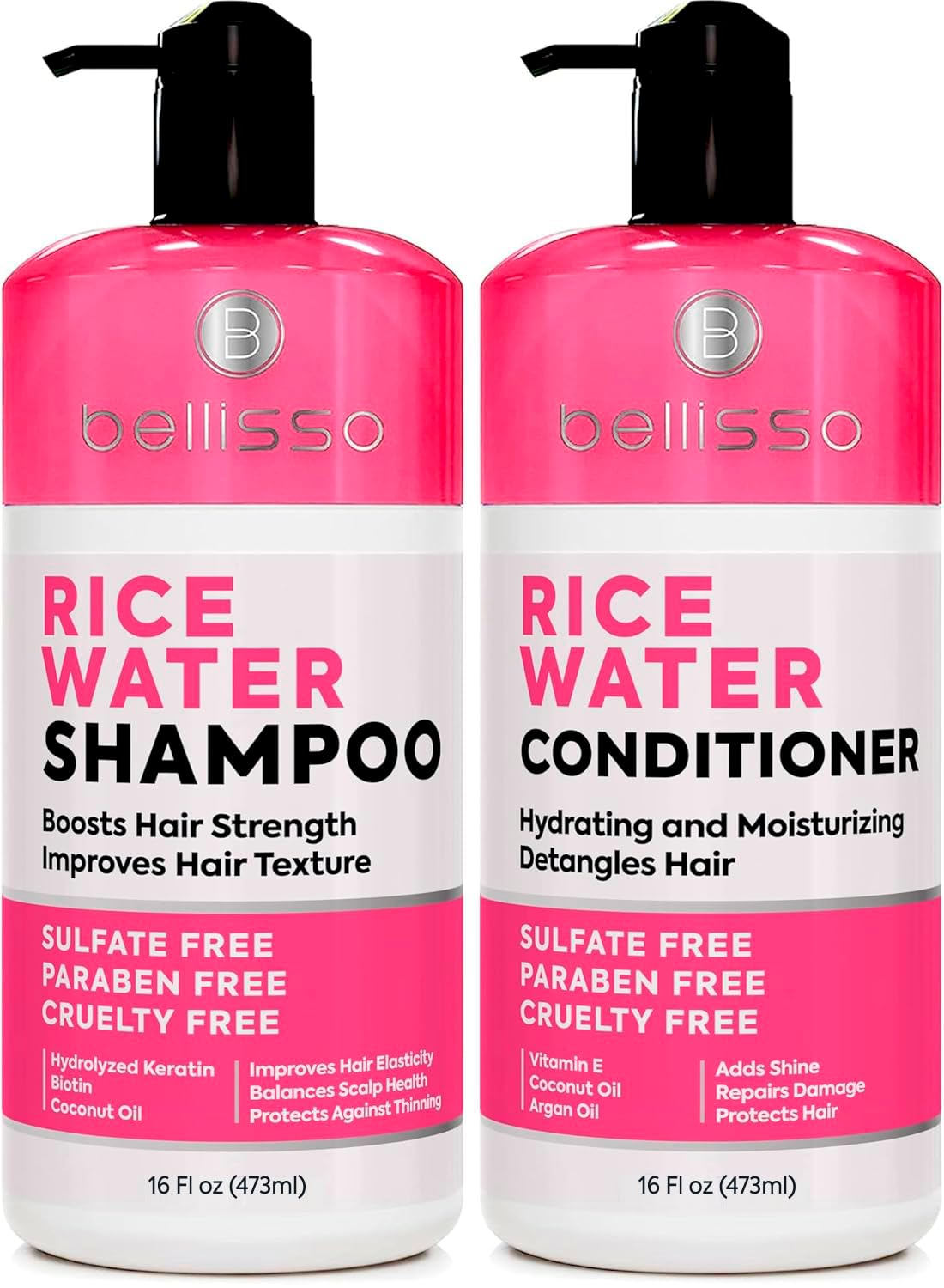 Bellisso Rice Water Shampoo bottle highlighting nourishing formula for thinning hair and fuller appearance.