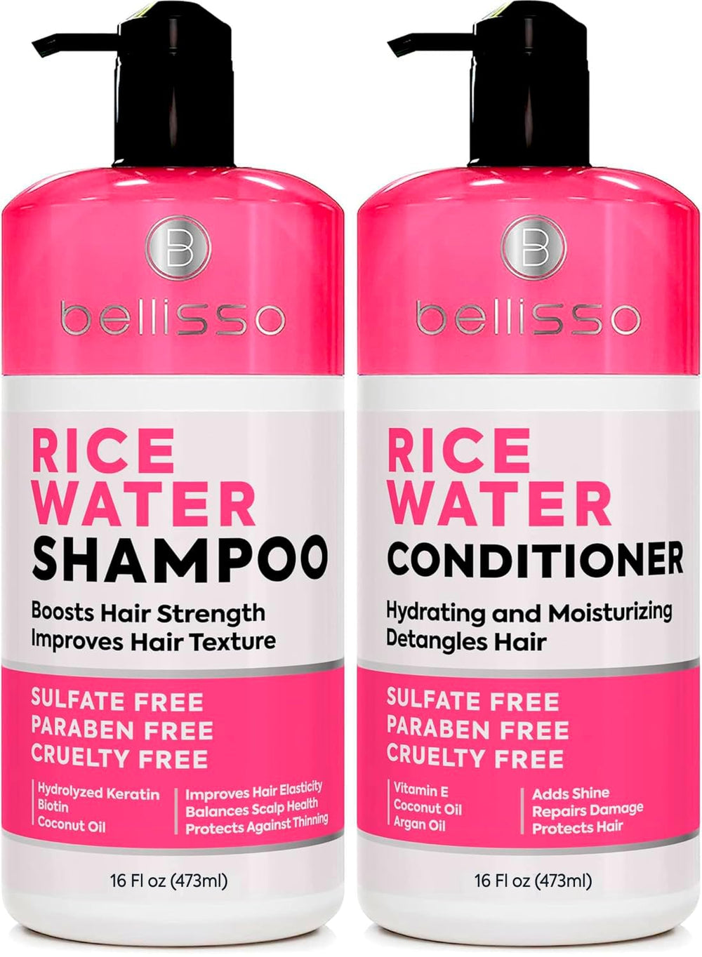 Bellisso Rice Water Shampoo bottle highlighting nourishing formula for thinning hair and fuller appearance.
