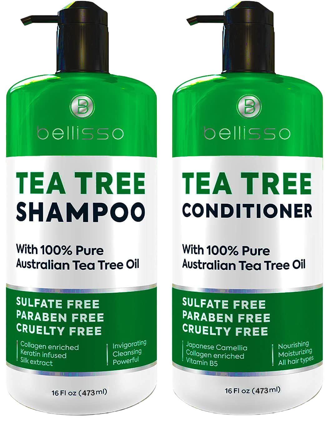 Bellisso Tea Tree Shampoo bottle pouring, soothing scalp with natural tea tree oil