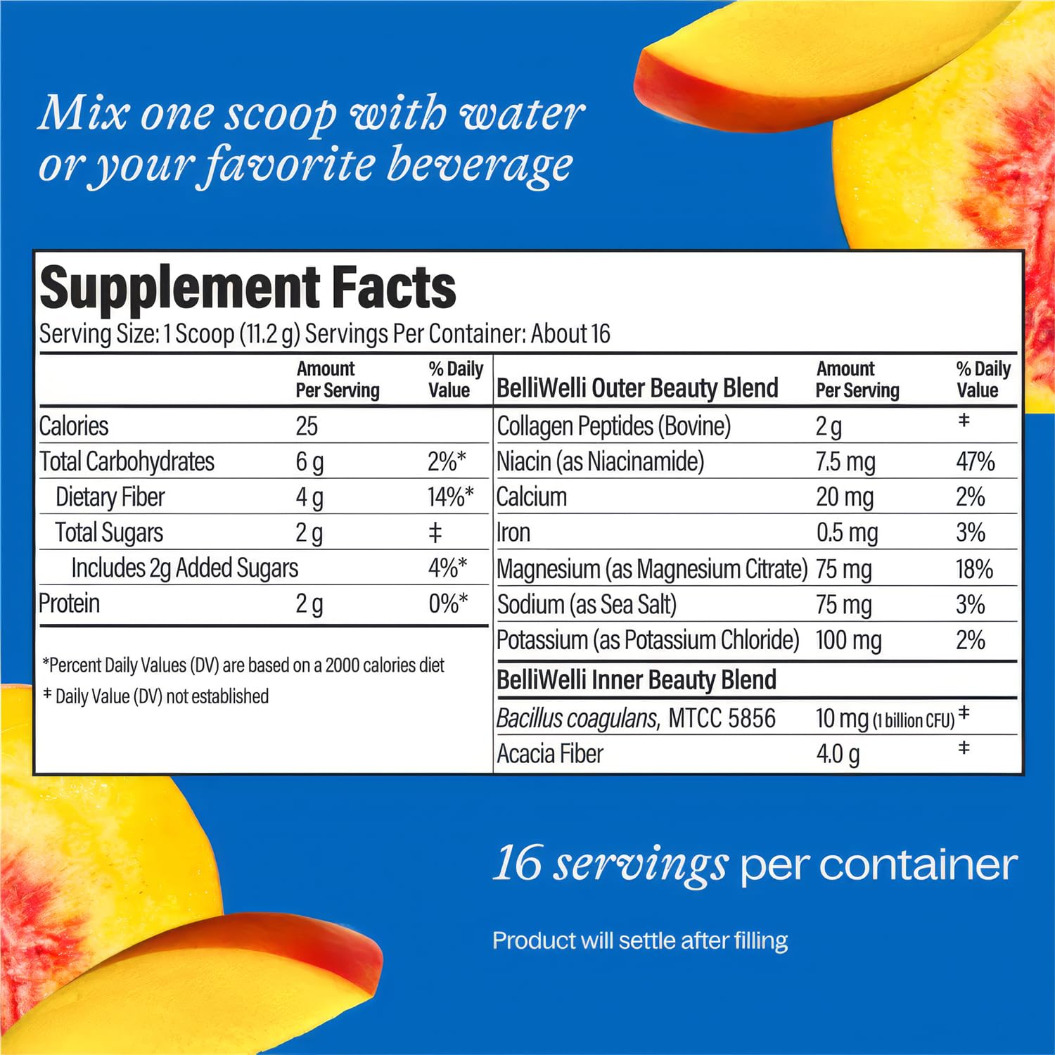Belli Welli bottle label highlighting collagen, electrolytes and probiotics.