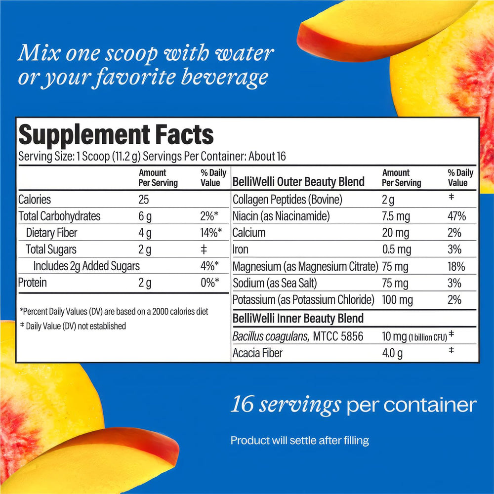 Belli Welli bottle label highlighting collagen, electrolytes and probiotics.