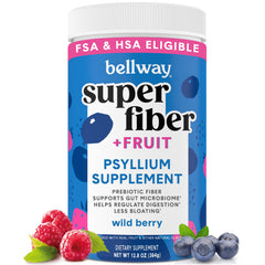 Bellway Super Fiber bottle label shows organic psyllium benefits for digestive comfort.