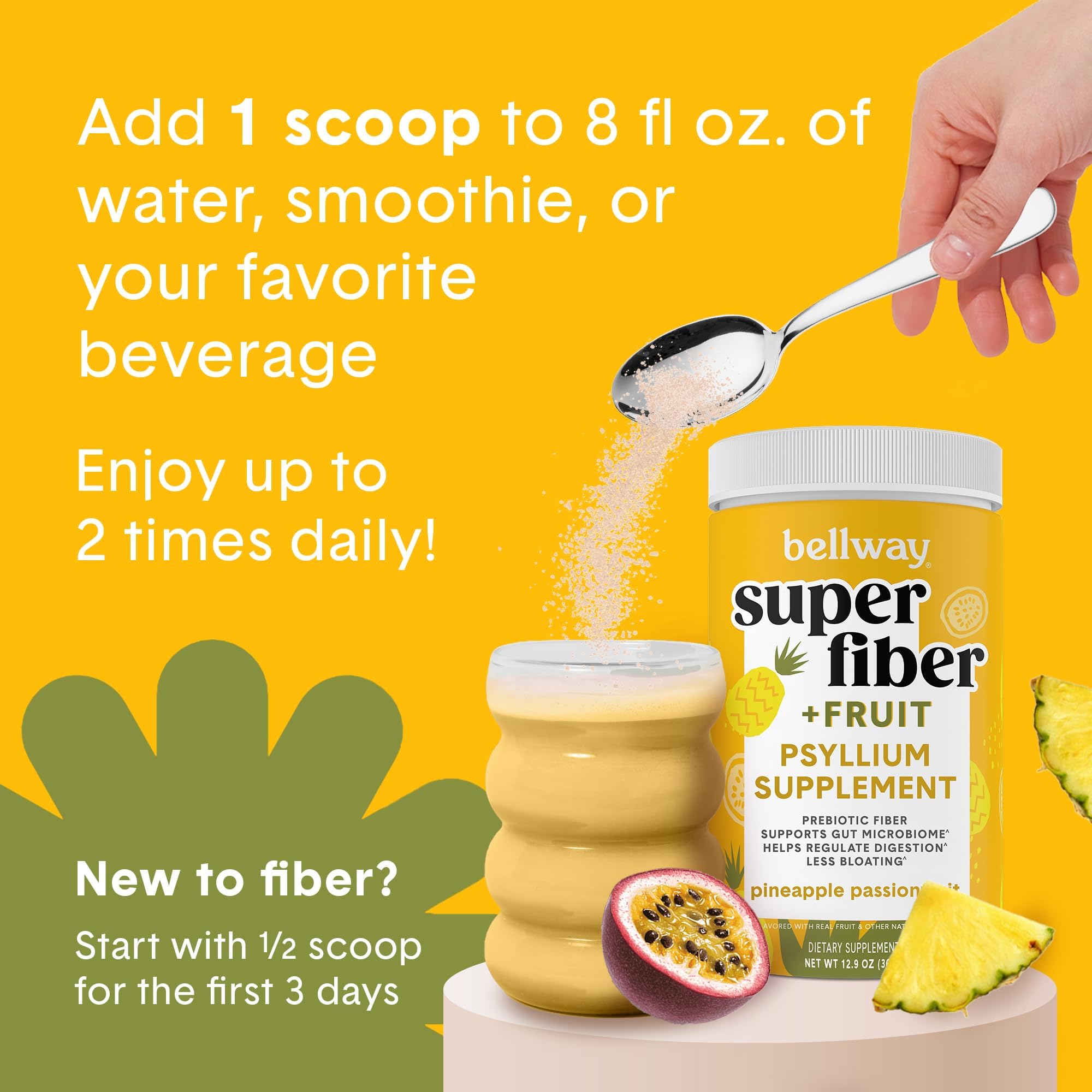 Bellway Super Fiber bottle stir image demonstrates easy mixing for digestion support.