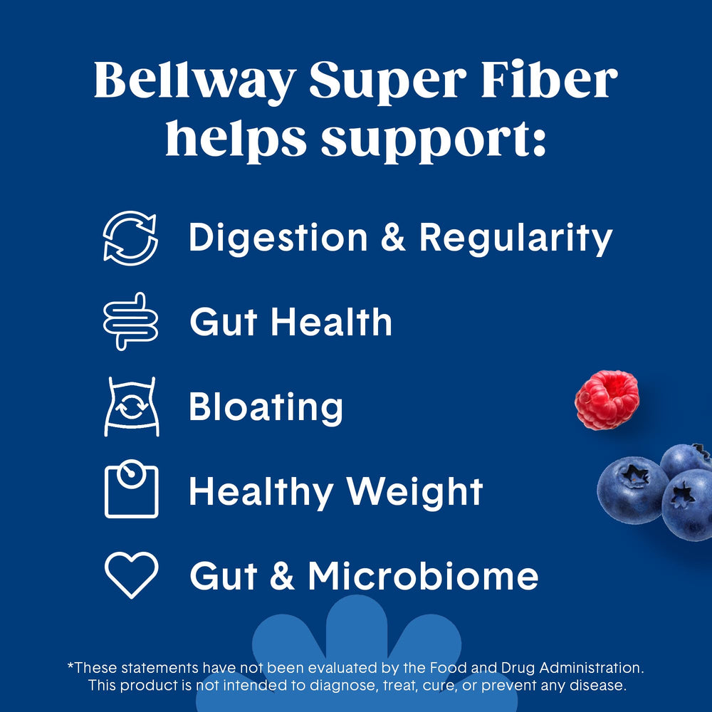 Bellway Super Fiber with fruit visuals signals berry flavor and sugar-free profile.