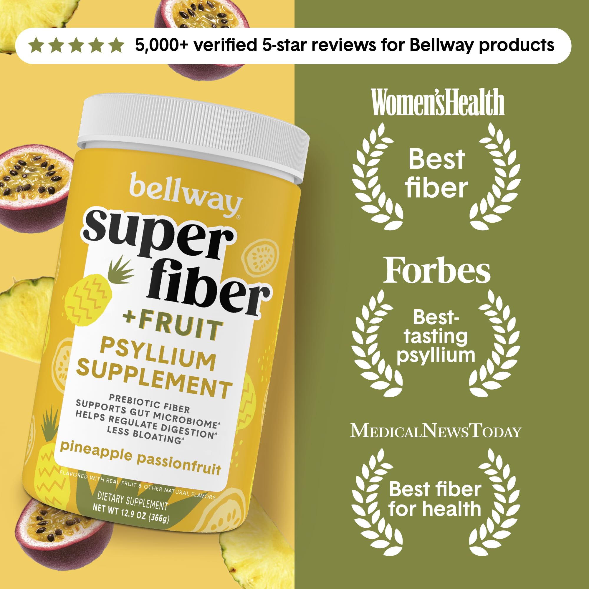 Bellway Super Fiber powder closeup scoop highlights measured serving for mixing.