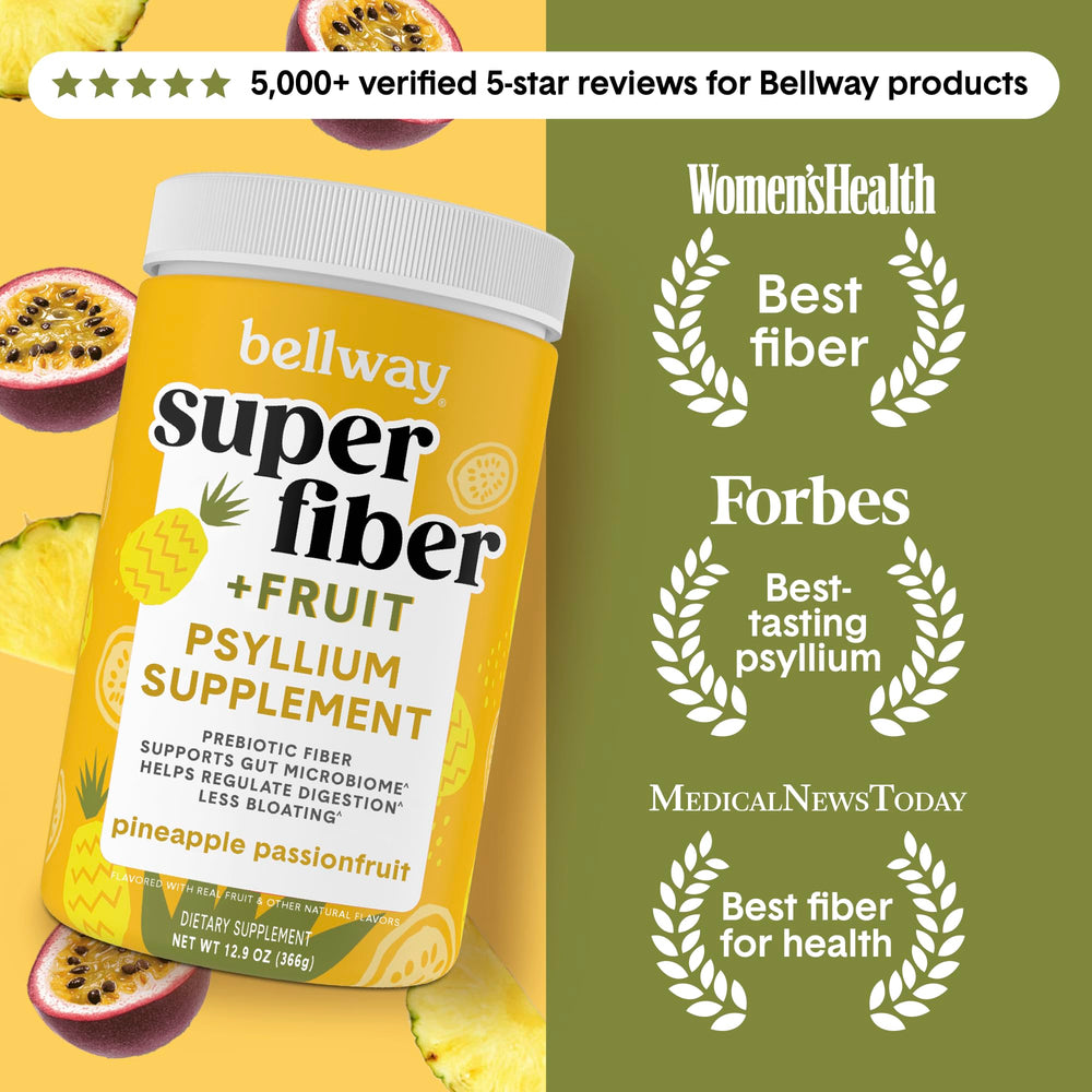Bellway Super Fiber powder closeup scoop highlights measured serving for mixing.