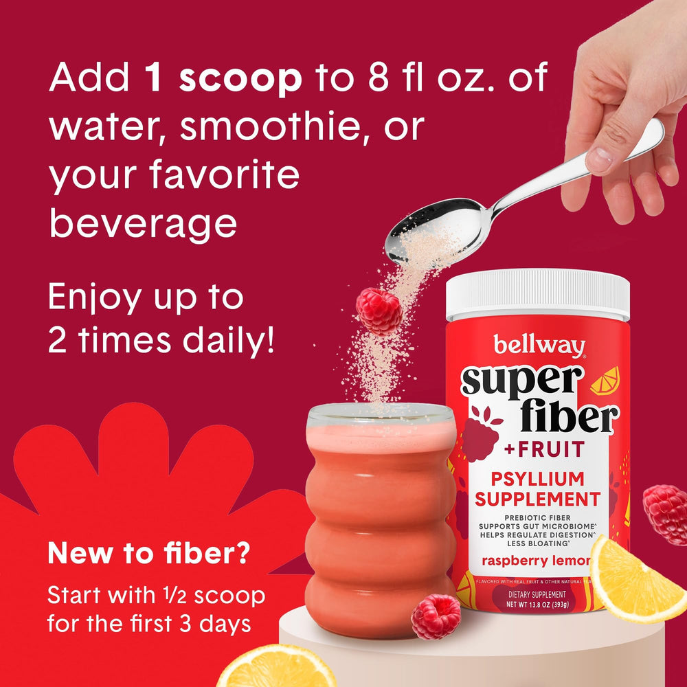 Bellway Super Fiber Powder label shows sugar-free, gluten-free features