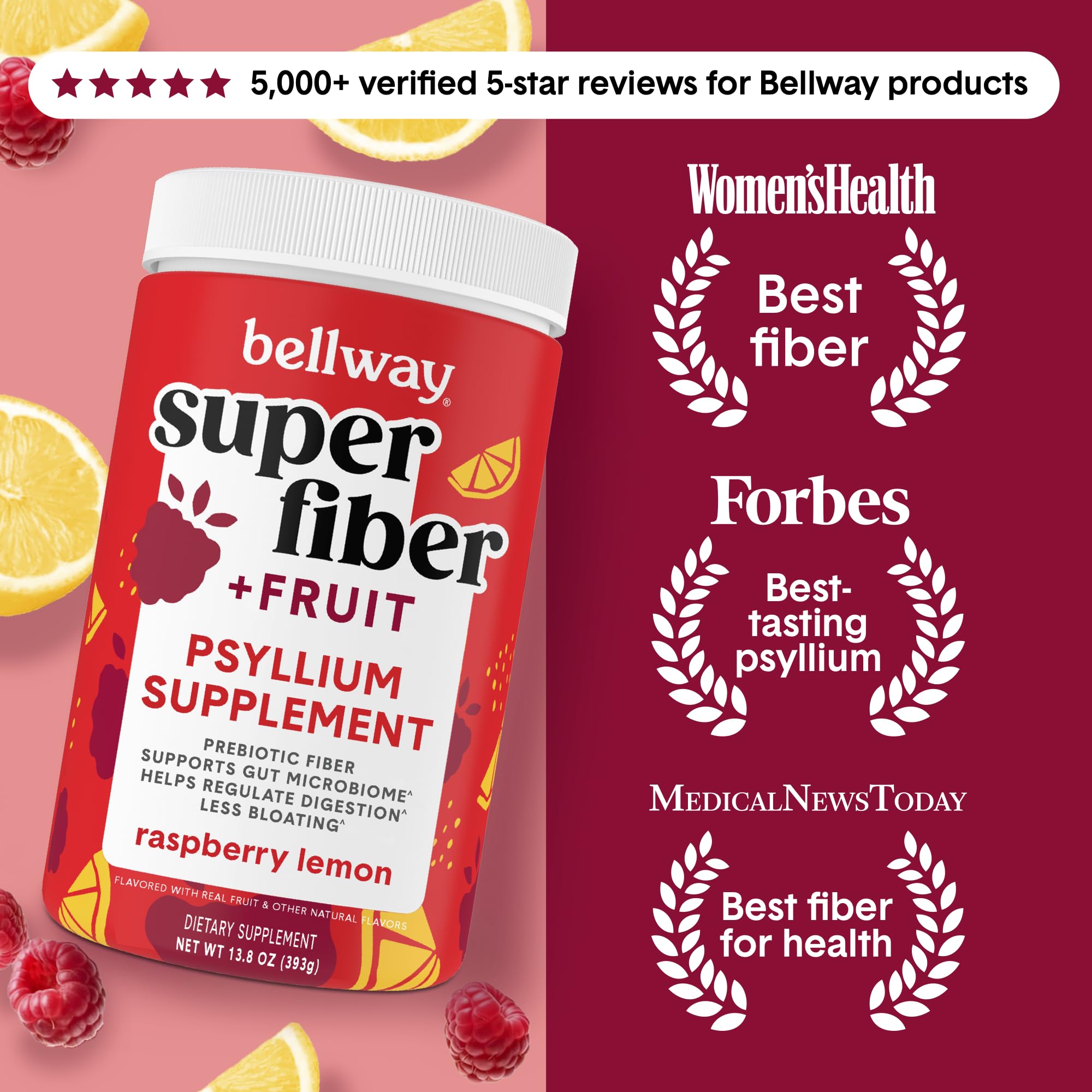 Bellway Super Fiber Powder scoop demonstrates easy daily dosing and 5 g of fiber per serving
