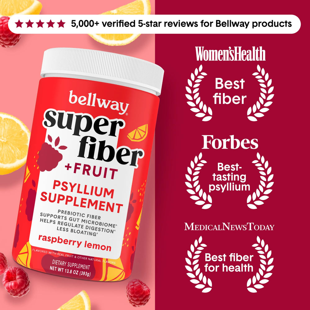 Bellway Super Fiber Powder scoop demonstrates easy daily dosing and 5 g of fiber per serving