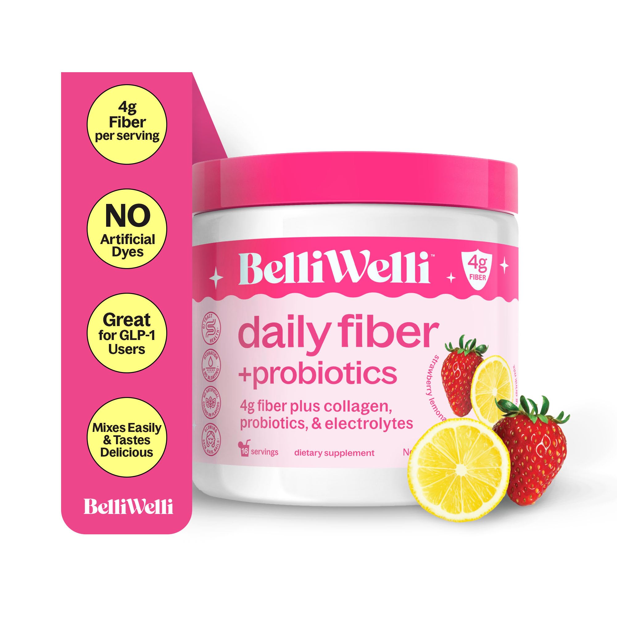 BellWelli Fiber Strawberry Lemonade tub closeup for gut health support.