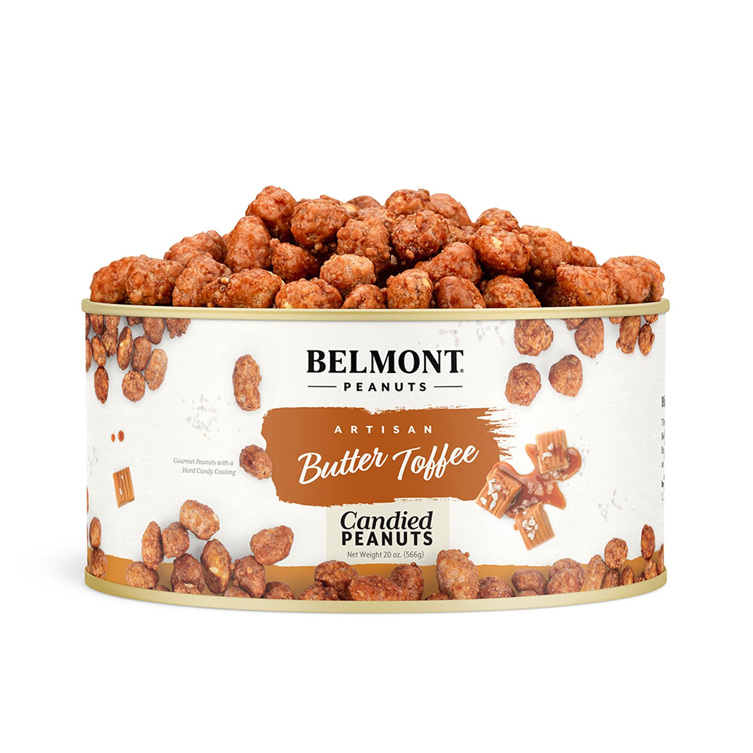Belmont Peanuts butter toffee peanuts in a 20 oz jar for indulgent snacking.