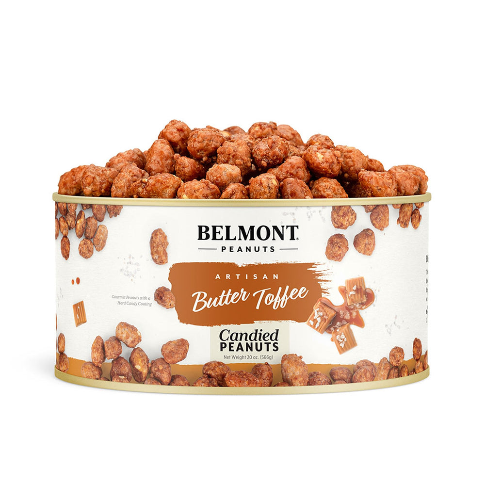 Belmont Peanuts butter toffee peanuts in a 20 oz jar for indulgent snacking.