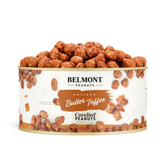 Belmont Peanuts butter toffee peanuts in a 20 oz jar for indulgent snacking.
