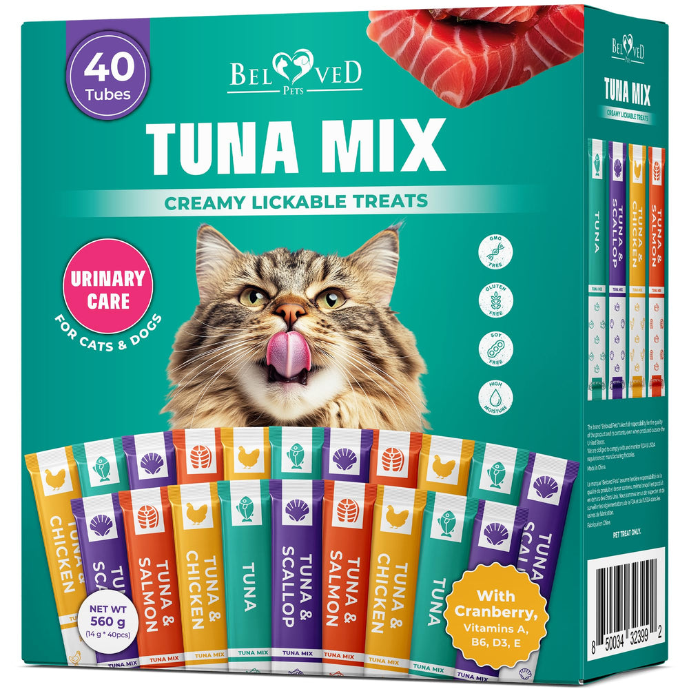 Beloved Pets creamy lickable cat treats tuna mix tubes close-up for a tasty, hydrating lick