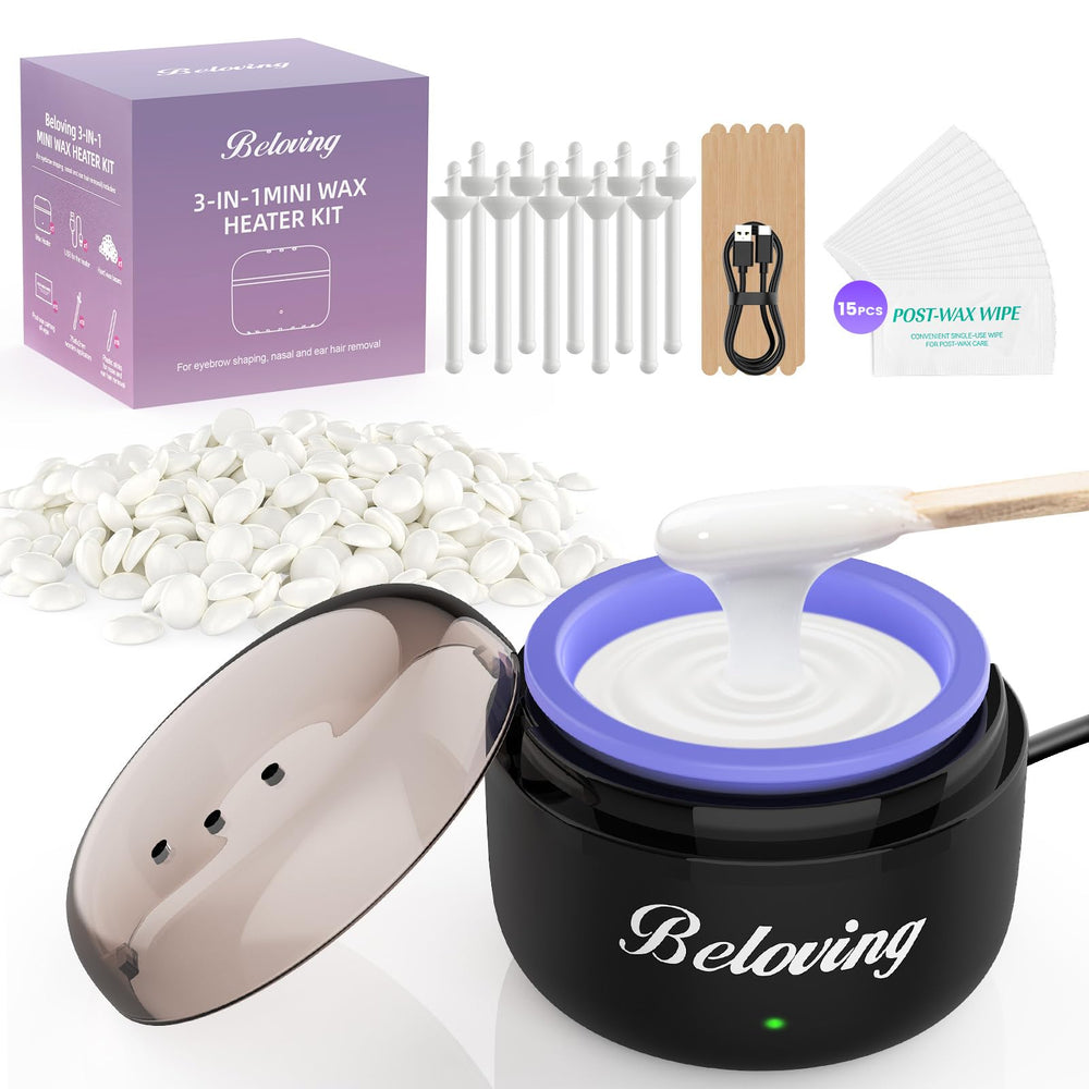 Beloving nose wax kit mini warmer shown for precise nose and brow hair removal at home.
