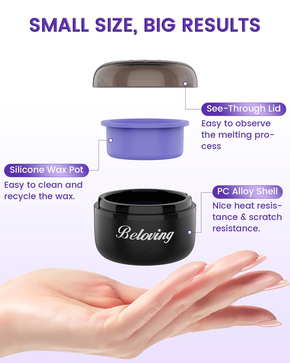 Beloving portable wax kit with clear lid vents minimizing wax waste.