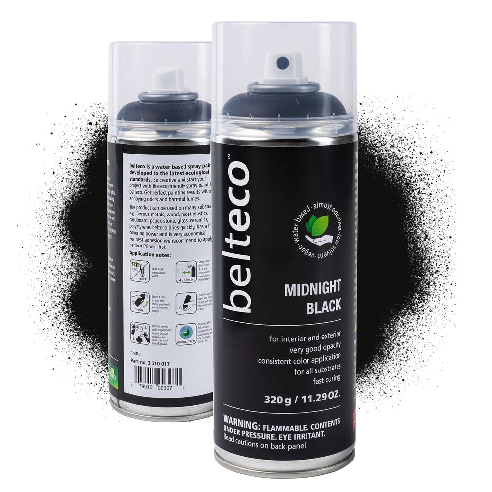 BELTECO Matte Black Spray Paint bottle, water-based and low-odor for quick indoor projects.