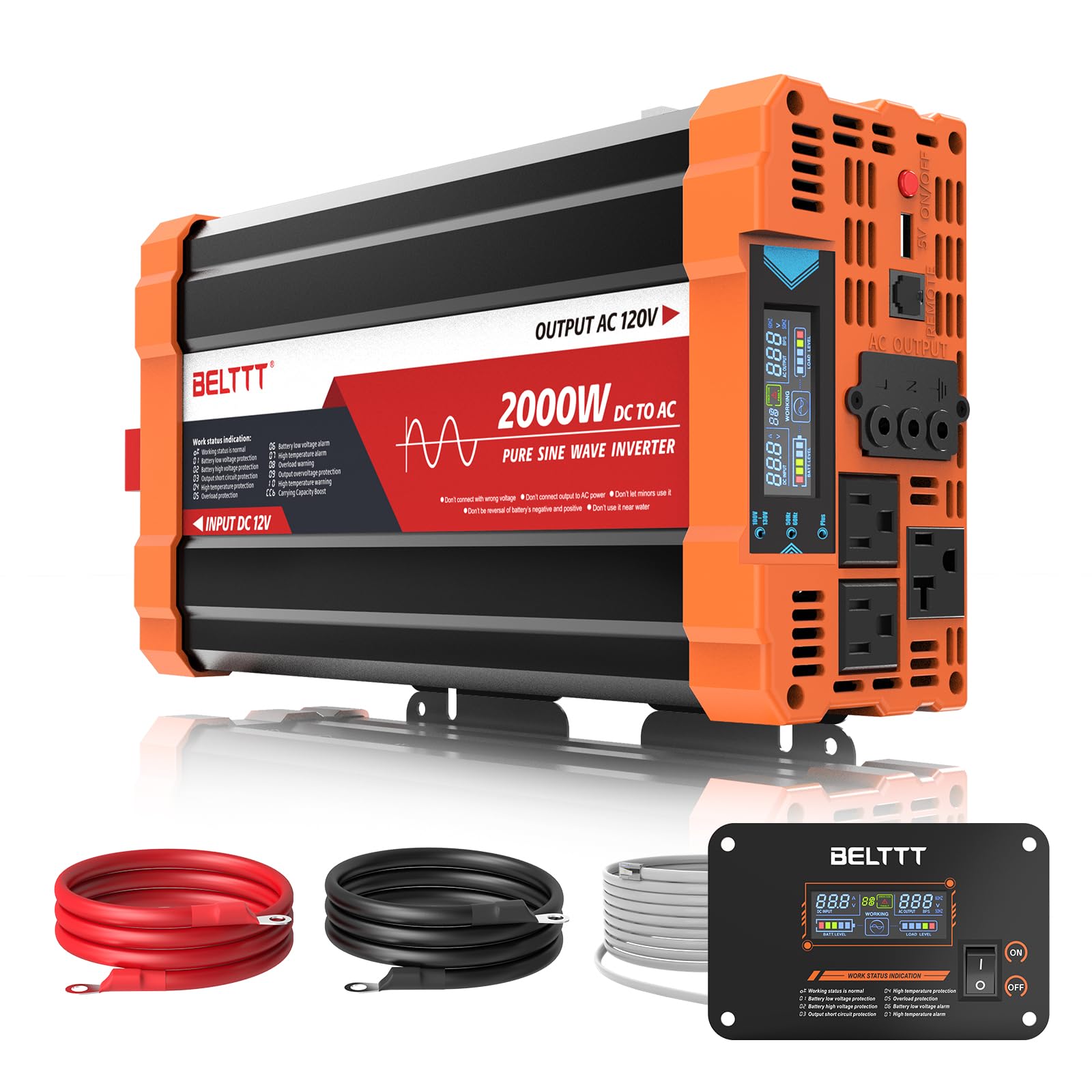 BELTTT 2000W inverter front view with dual AC sockets for off-grid power