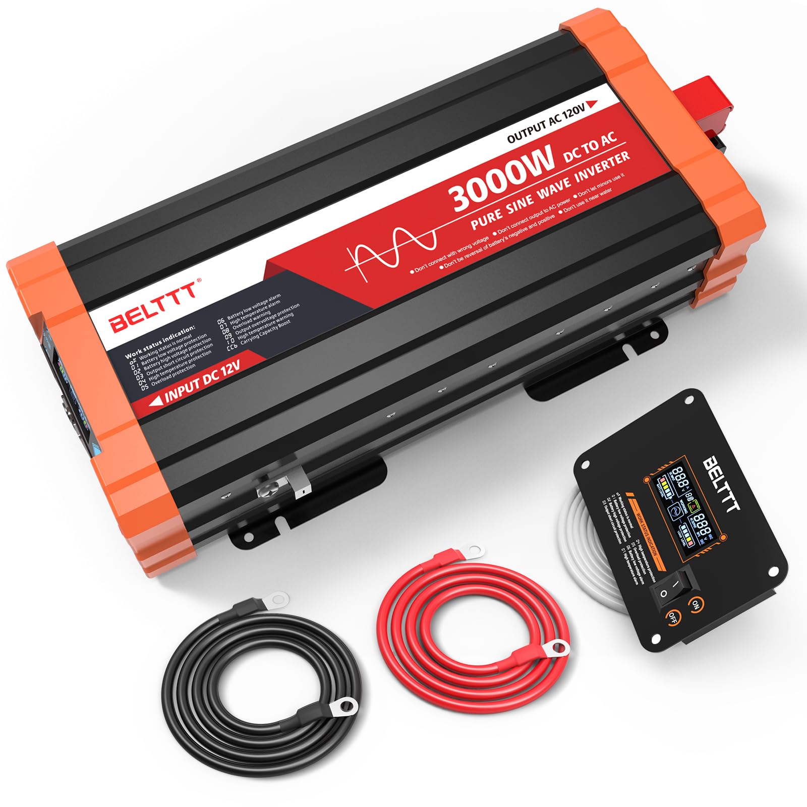 BELTTT 3000W inverter front view with dual AC outlets for off-grid use.