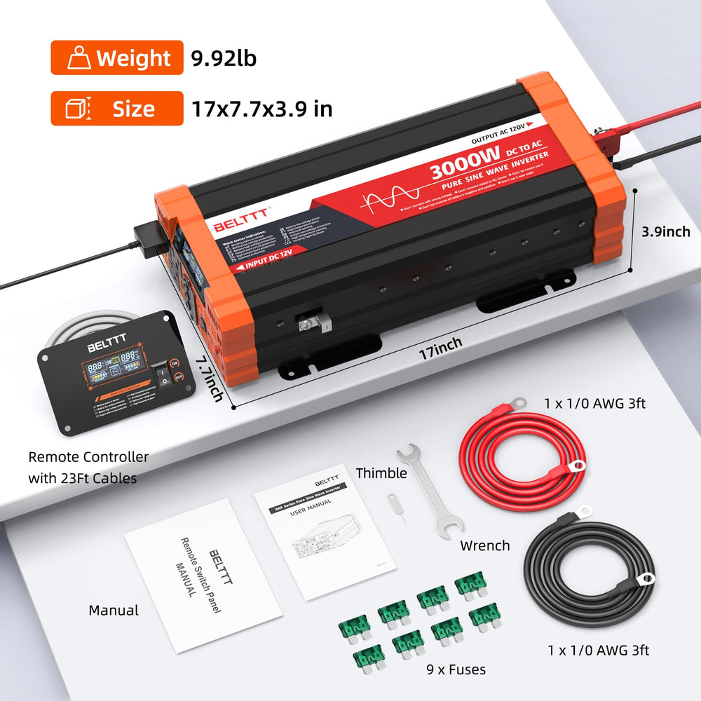 BELTTT 3000W surge up to 6000W for motor starting.
