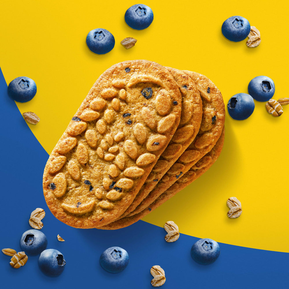 Close up of Belvita Blueberry Breakfast Biscuits showing crunchy texture