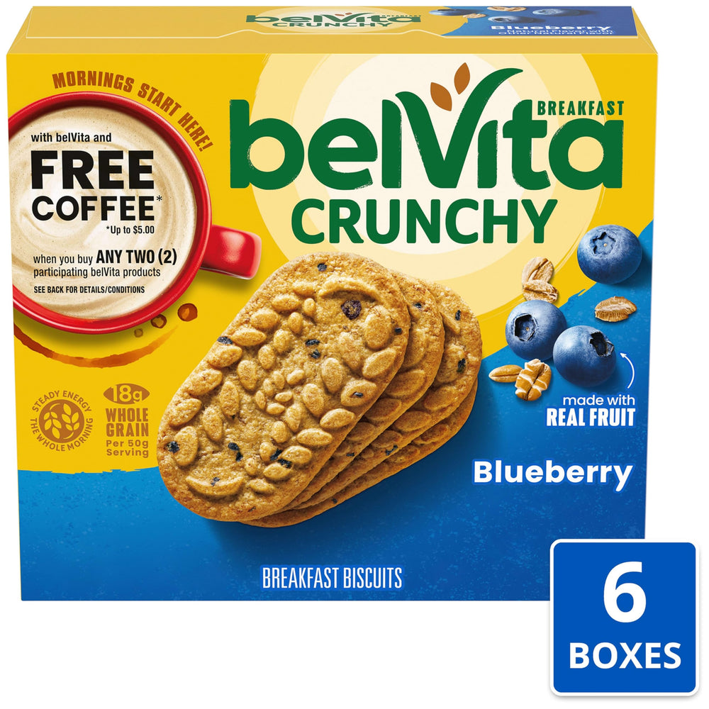Belvita blueberry breakfast biscuits on table with coffee – ideal pairing