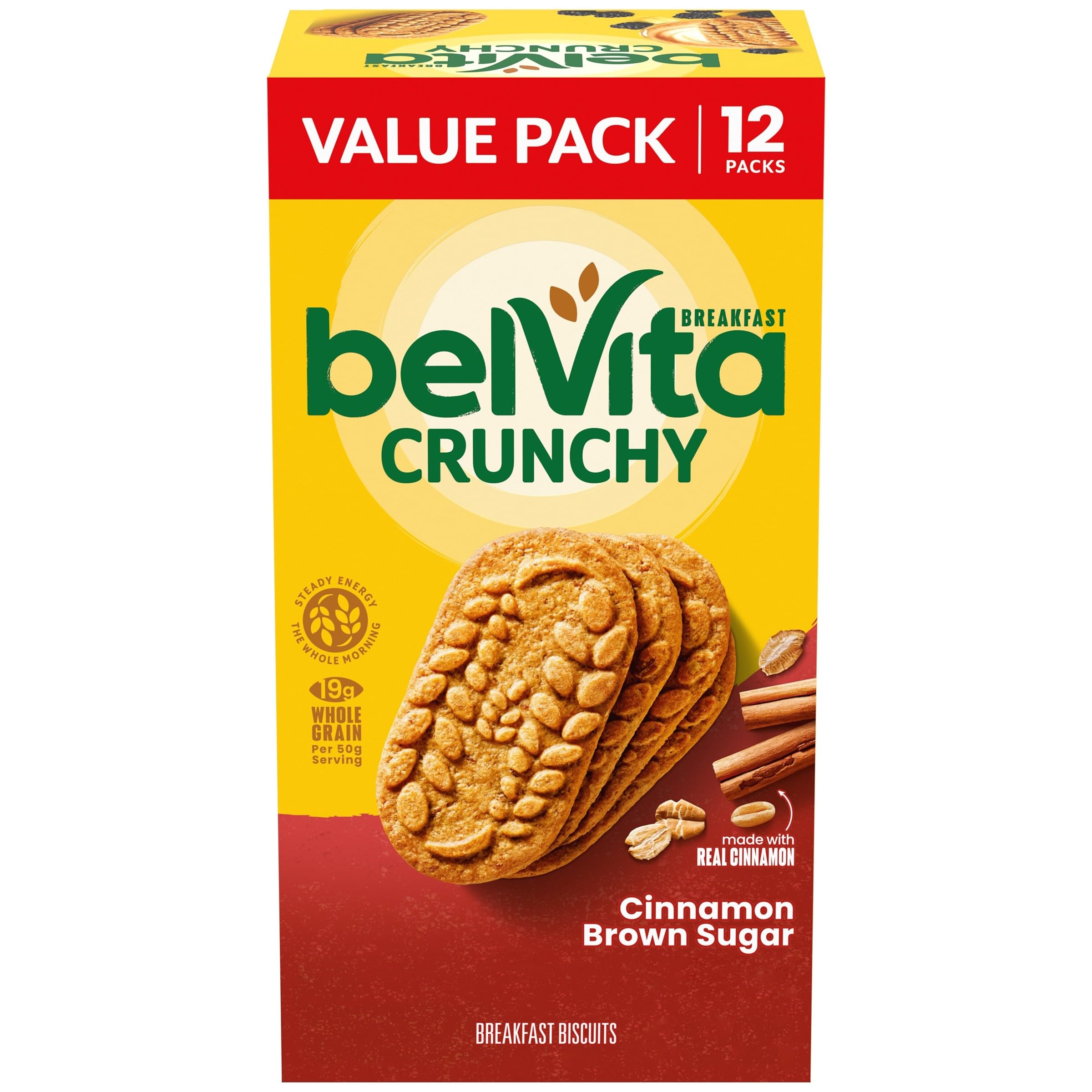 Belvita Cinnamon Brown Sugar Breakfast Biscuits pack front, ideal for quick morning energy on the go.