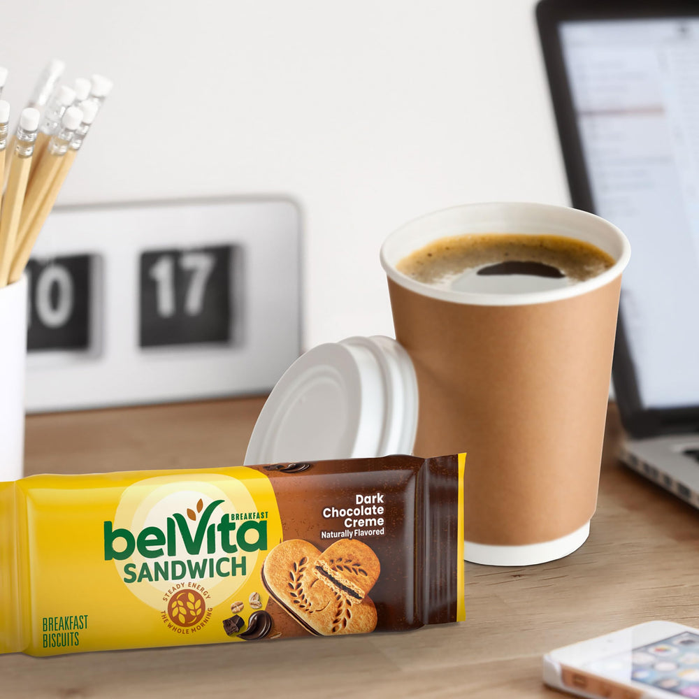 Belvita biscuits beside a mug of coffee for a simple morning ritual.