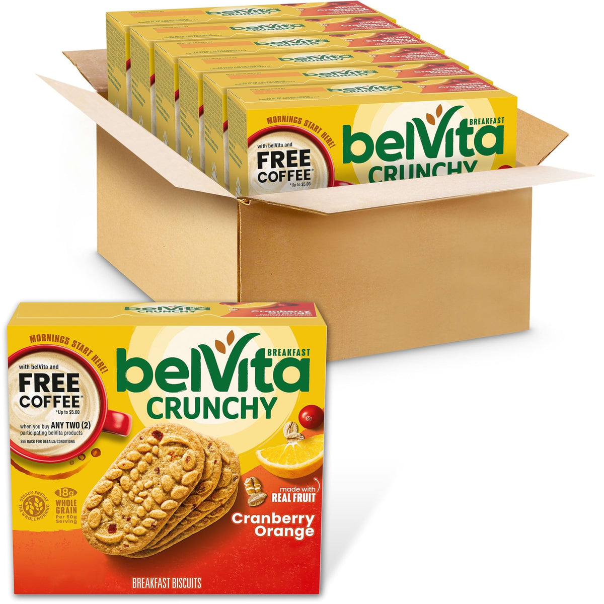 Belvita Cranberry Orange breakfast biscuit pack shown for on-the-go energy.