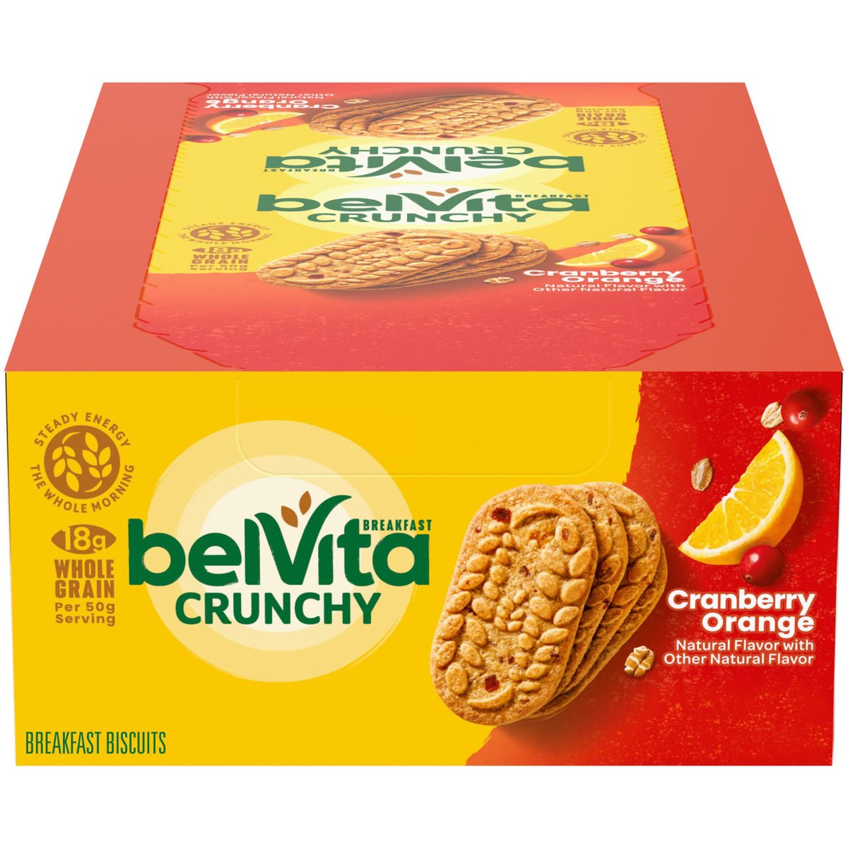 Belvita Cranberry Orange breakfast biscuits box showing convenient on-the-go packaging.